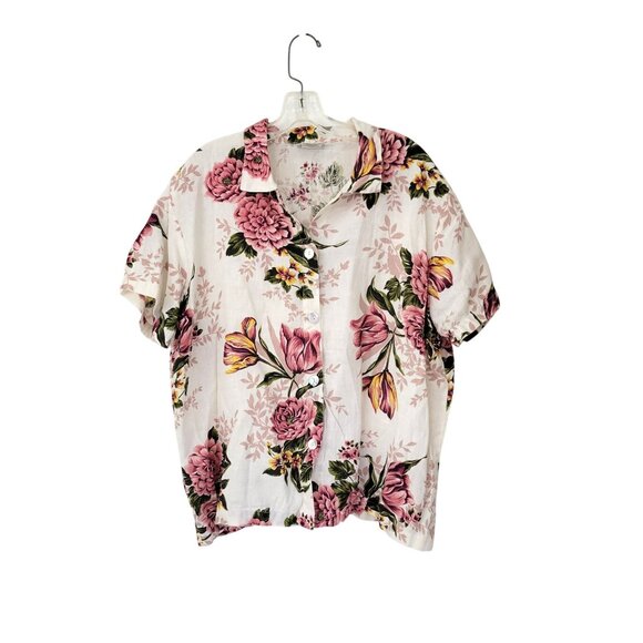Floral 100% Linen Button-Up Shirt Women's Large Hot Cotton By Marcware - Picture 1 of 4